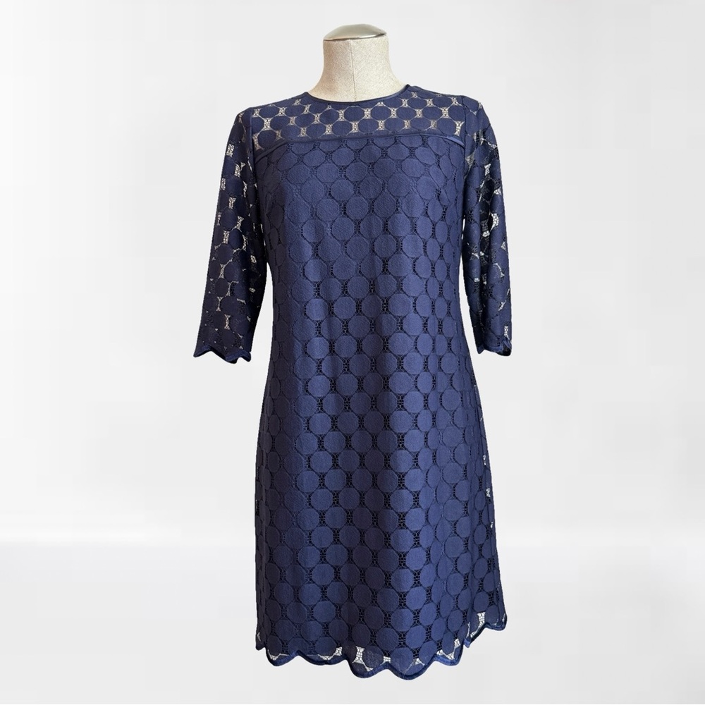 Adriana Papell Navy Blue Polka Dot Lace Overlay Shift Dress - Size 8P/10P